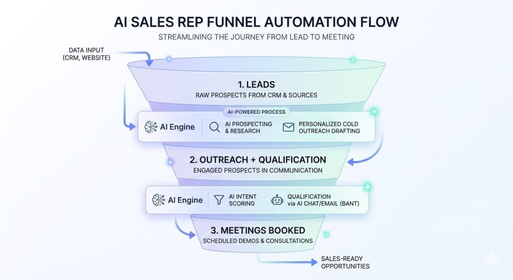 AI sales rep funnel showing lead generation, outreach, qualification, and meeting booking process