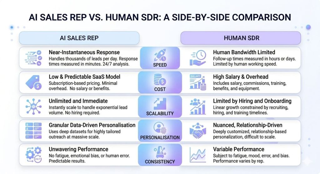 AI sales rep vs human SDR comparison showing differences in cost, speed, scalability, and personalization