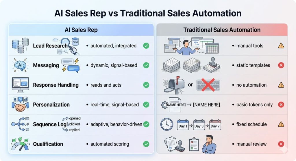 AI sales rep vs traditional sales automation comparison showing differences in personalization, messaging, response handling, and lead qualification