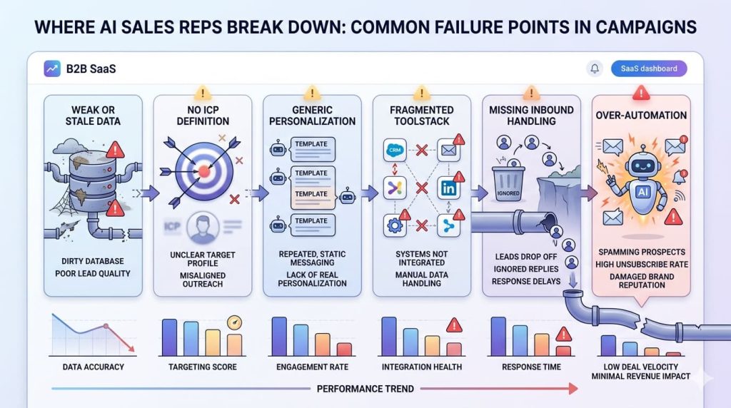 AI sales rep failure points diagram showing weak data, no ICP definition, generic personalization, fragmented tools, missing inbound handling, and over-automation