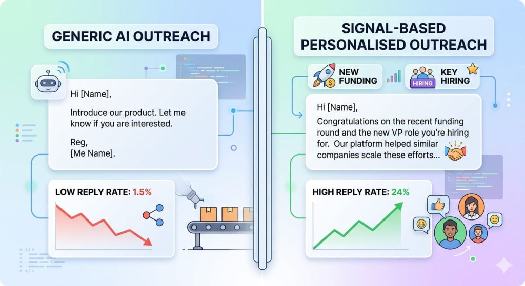 comparison of generic AI outreach vs signal-based personalized outreach showing higher reply rates