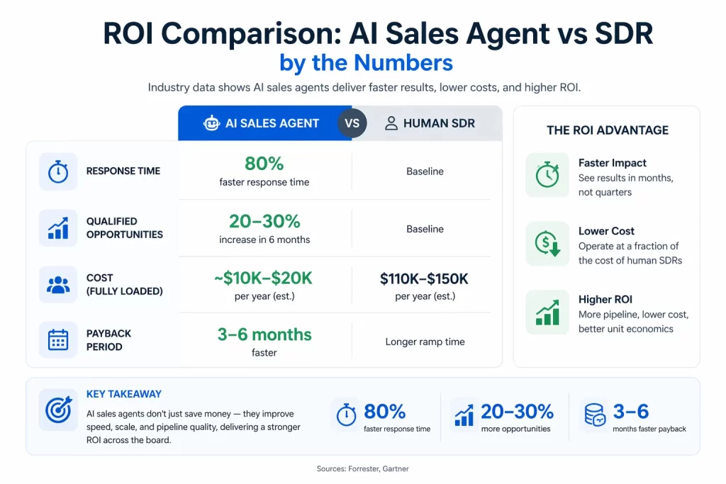 Infographic comparing AI Sales Agents vs Human SDRs showing faster response times, higher qualified opportunities, lower costs, and shorter payback periods for AI agents.