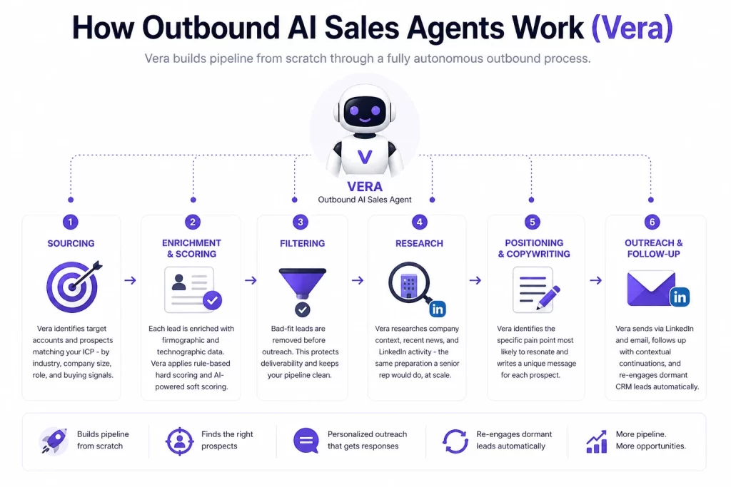 How outbound AI sales agents work showing sourcing, enrichment, filtering, research, and outreach process by Vera AI