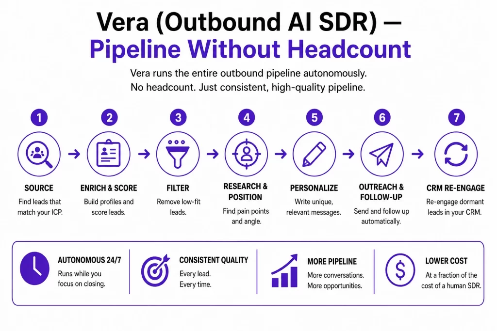 Outbound AI SDR pipeline showing lead sourcing, enrichment, filtering, outreach and follow-up automation without headcount