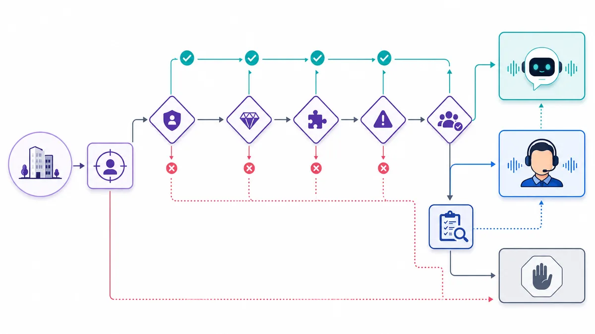 Decision tree for choosing AI voice, AI-assisted human calling, or suppressing an outbound call