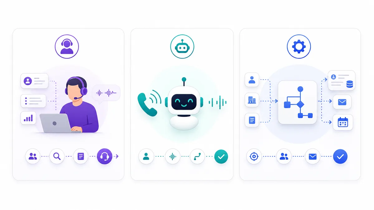 Three models of AI cold calling: AI-assisted human calling, AI voice agent calling, and AI workflow around the call