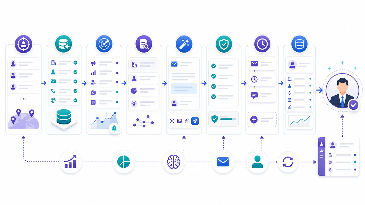 AI ile cold email kişiselleştirme workflow'u: sourcing, enrichment, scoring, signal extraction, message angle, review, send ve CRM feedback loop