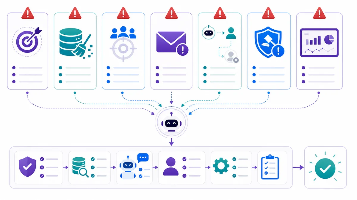Seven AI sales automation failure modes including weak ICP, dirty data, and missing handoff