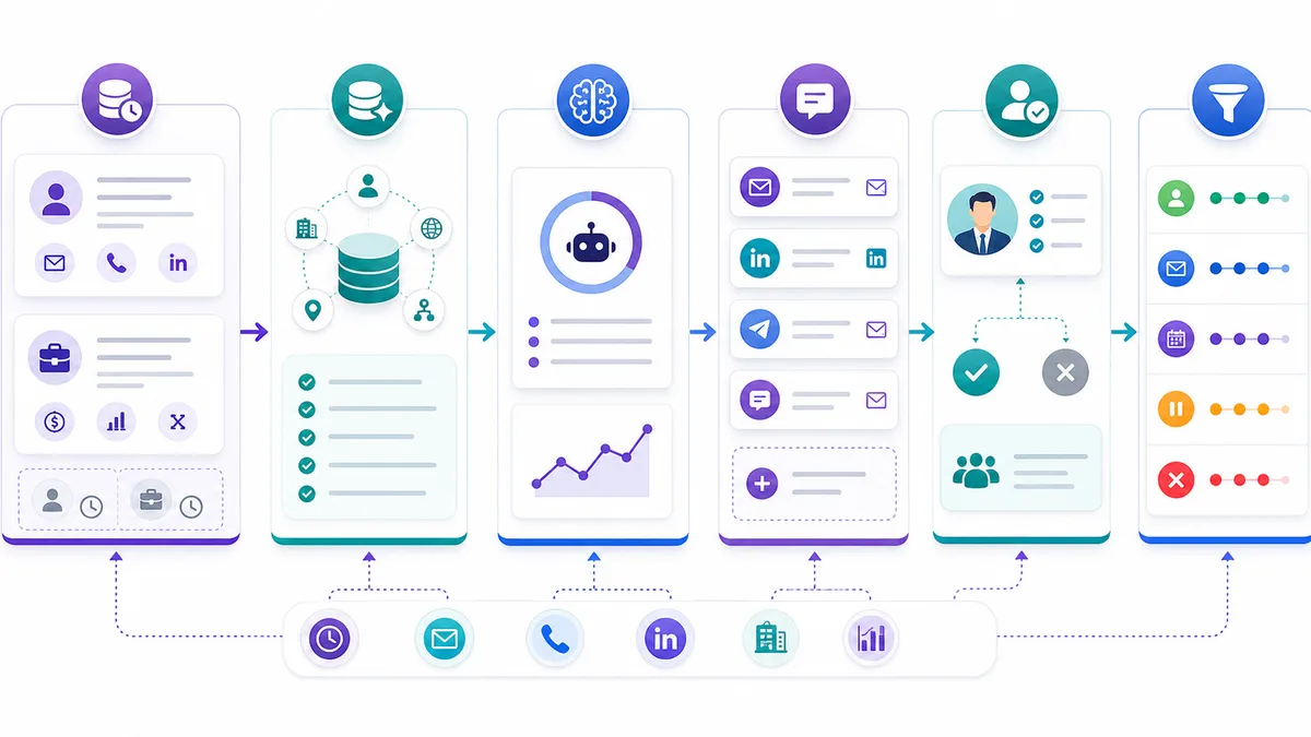 CRM reactivation workflow showing dormant records, enrichment, message angle, human review, and pipeline outcome