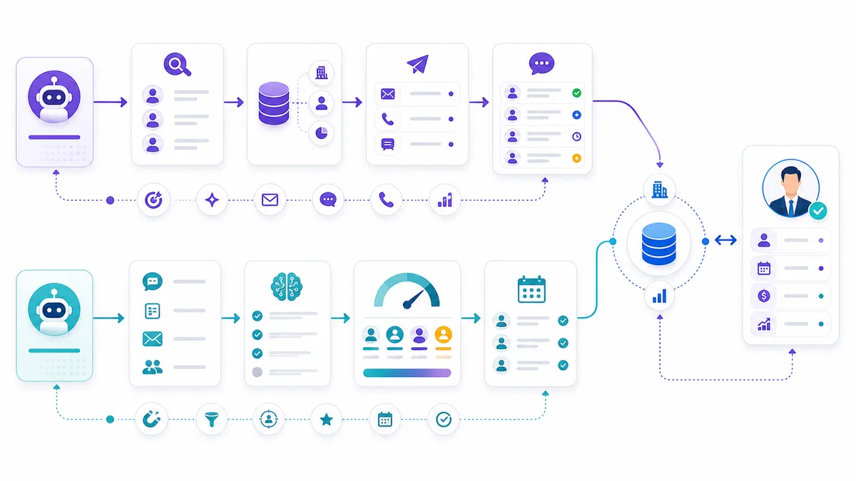 Full-funnel AI sales automation loop showing Vera outbound, Alim inbound, CRM sync, and human closing