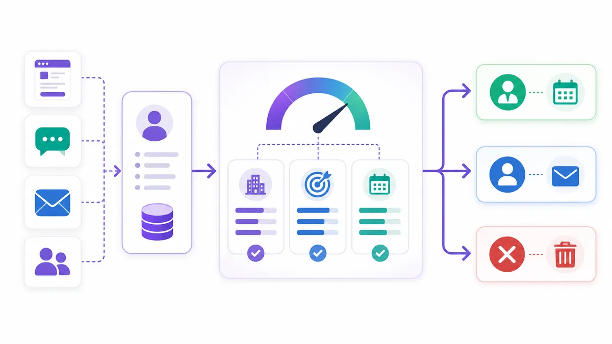 Lead scoring and routing workflow showing fit, intent, readiness, and sales handoff