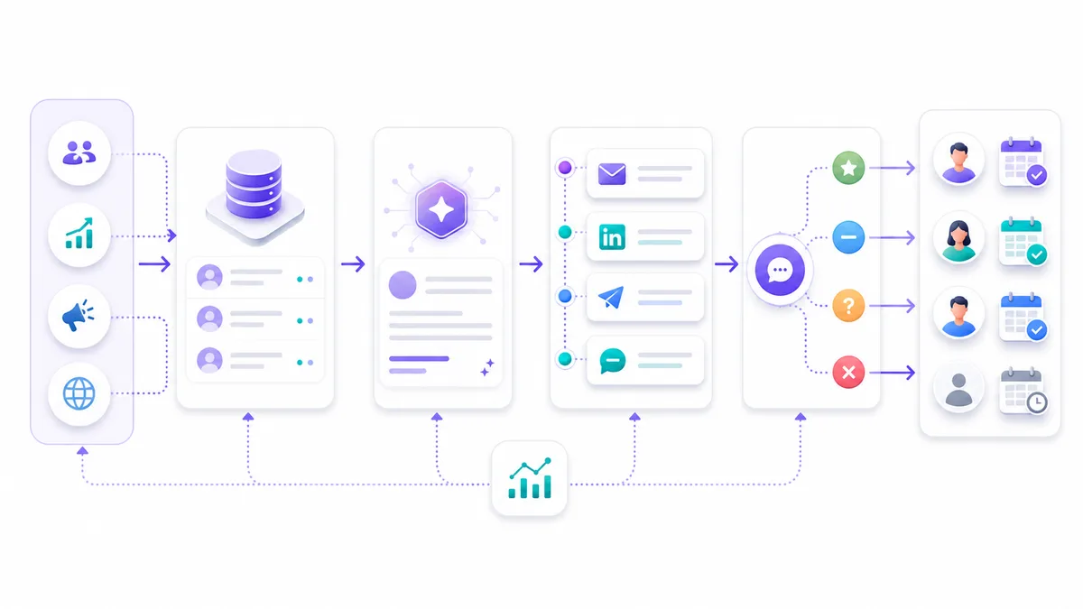 Signal-based outbound automation workflow showing trigger signals, account research, personalization, sequence, and reply handling