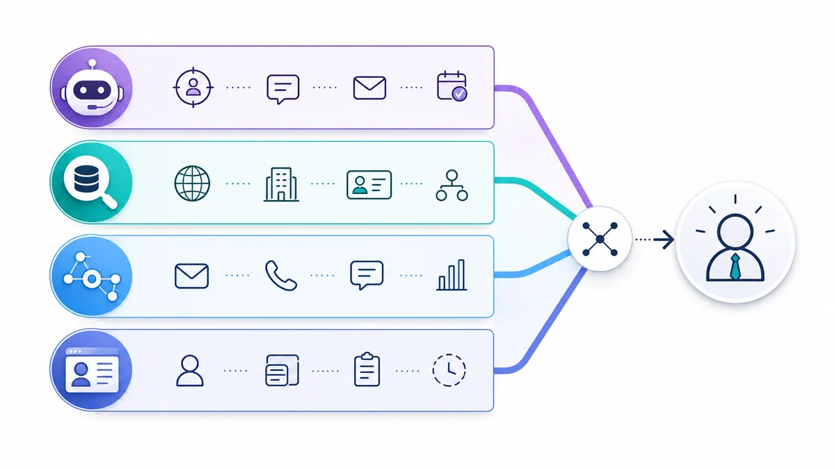 Four-layer model for choosing AI sales automation tools: AI sales workers, data and research, engagement, and CRM AI