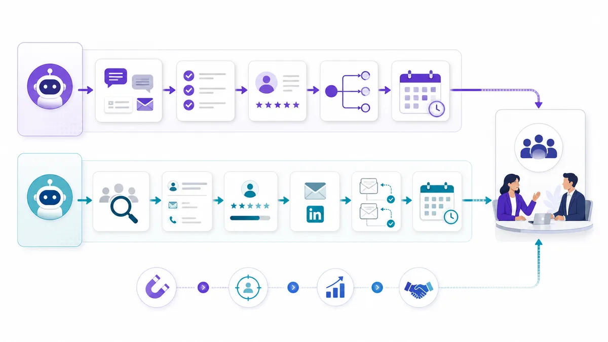 Full-funnel AI sales team showing inbound qualification, outbound pipeline generation, and human closing