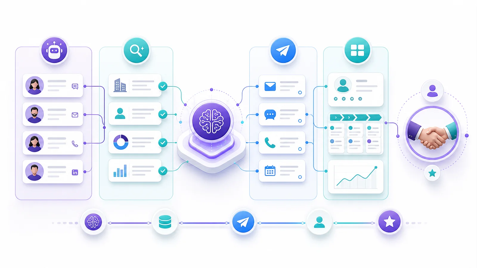 AI sales automation tools landscape with AI SDRs, data enrichment, sales engagement, CRM AI, and human sales handoff