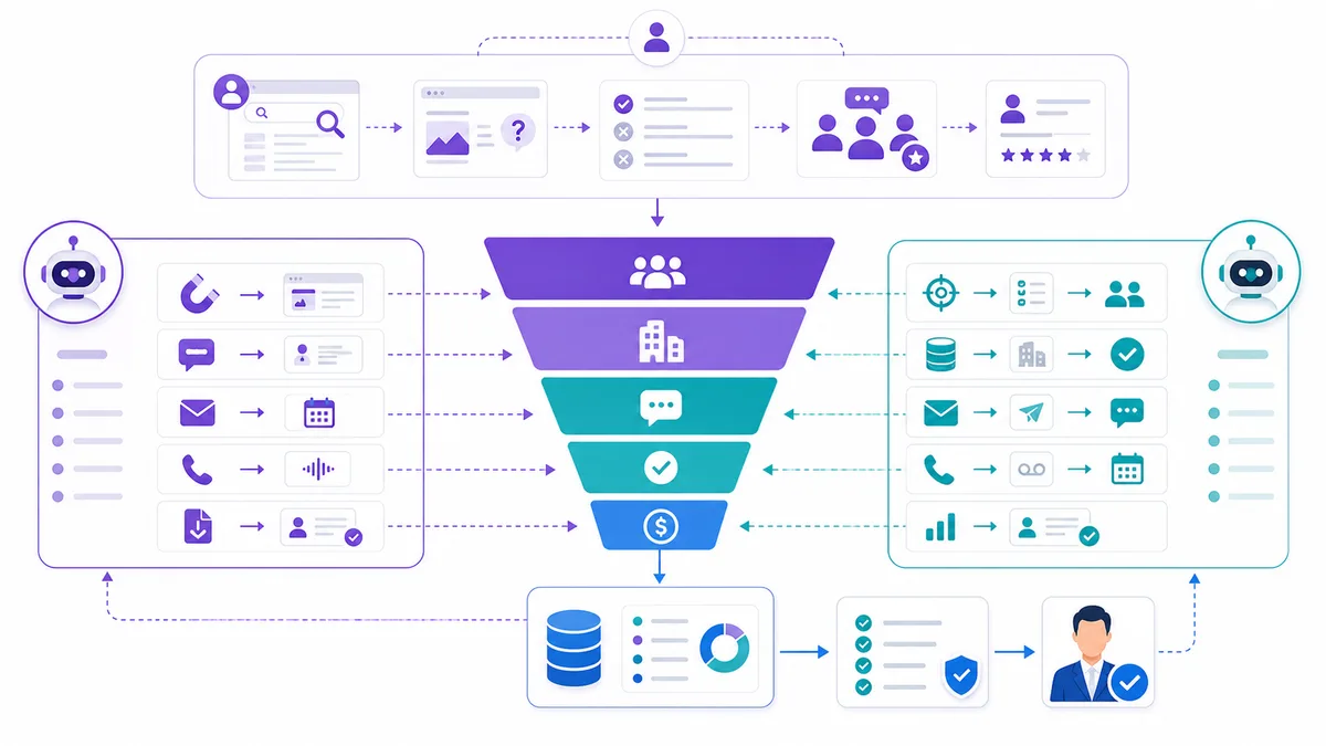 Full-funnel AI sales operations diagram from buyer research to human closing