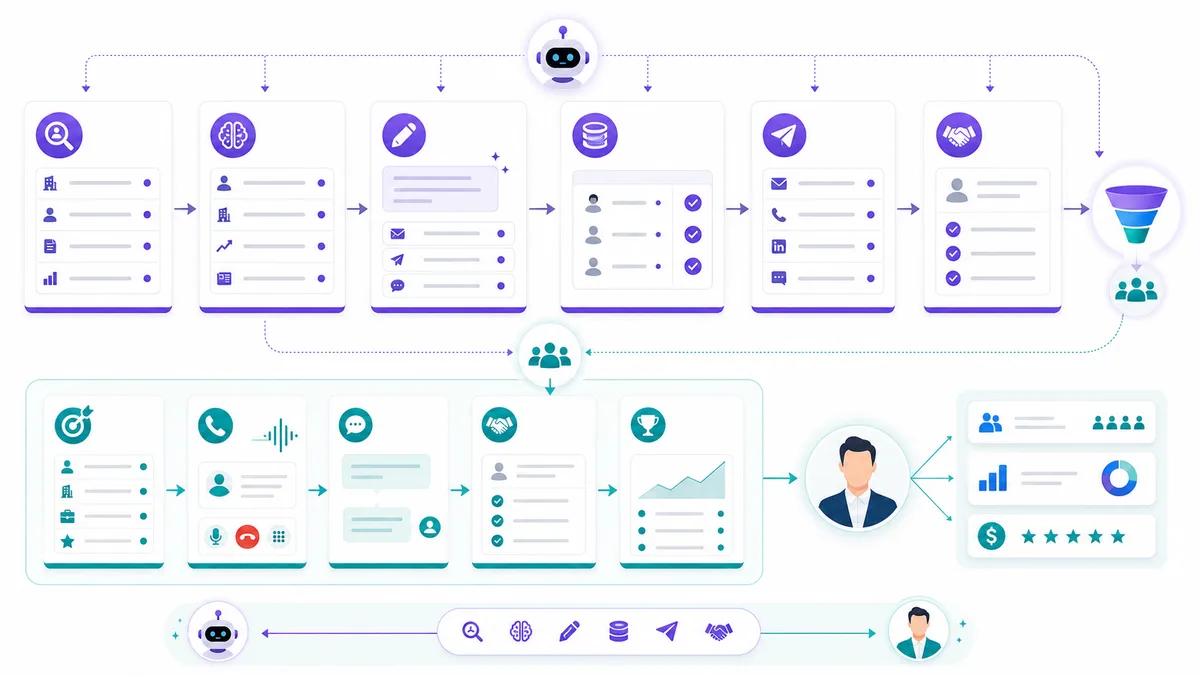 Sales productivity workflow showing AI handling research, drafting, CRM updates, and follow-up