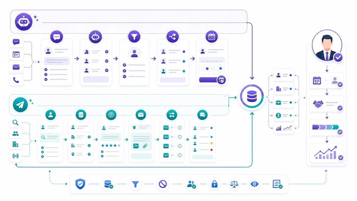 Alim and Vera process split showing inbound qualification, outbound pipeline generation, and shared CRM controls