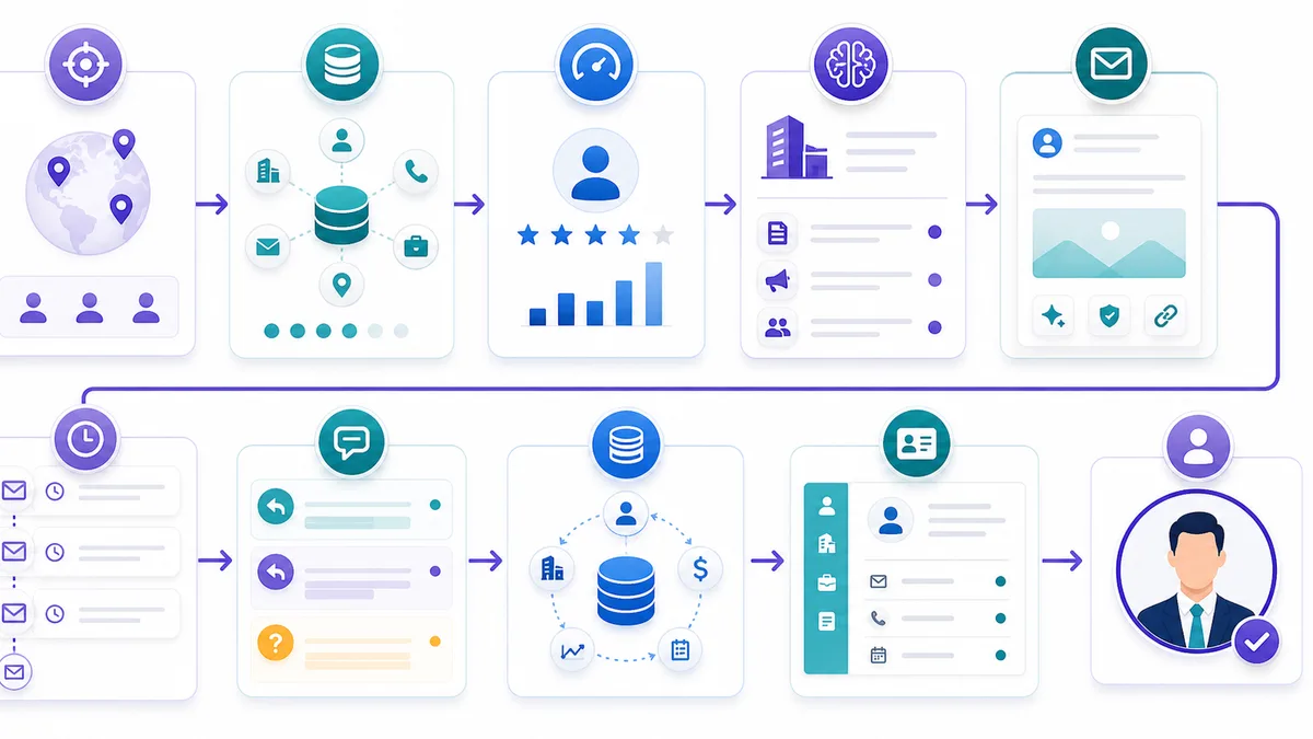 AI ile cold email otomasyonu: sourcing, enrichment, scoring, research, personalized outreach, follow-up ve CRM sync