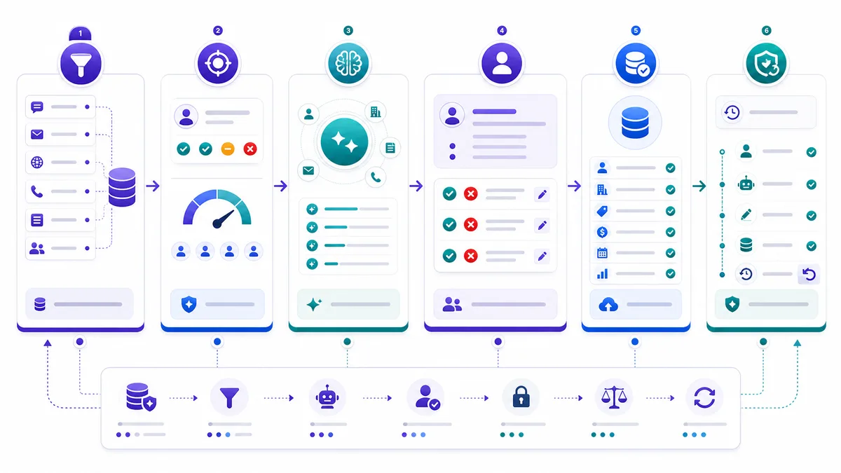 Control-first CRM automation model with six layers from data intake to rollback