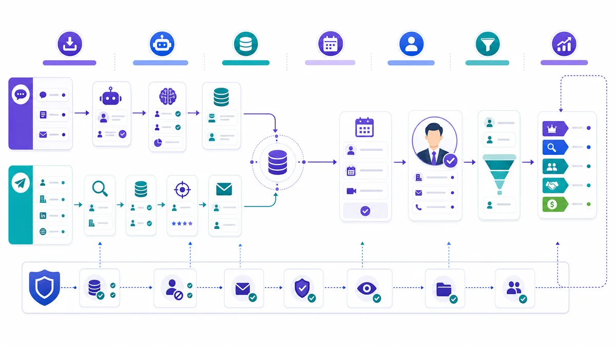 End-to-end AI sales process workflow showing inbound, outbound, CRM updates, meeting booking, and human-owned deal support