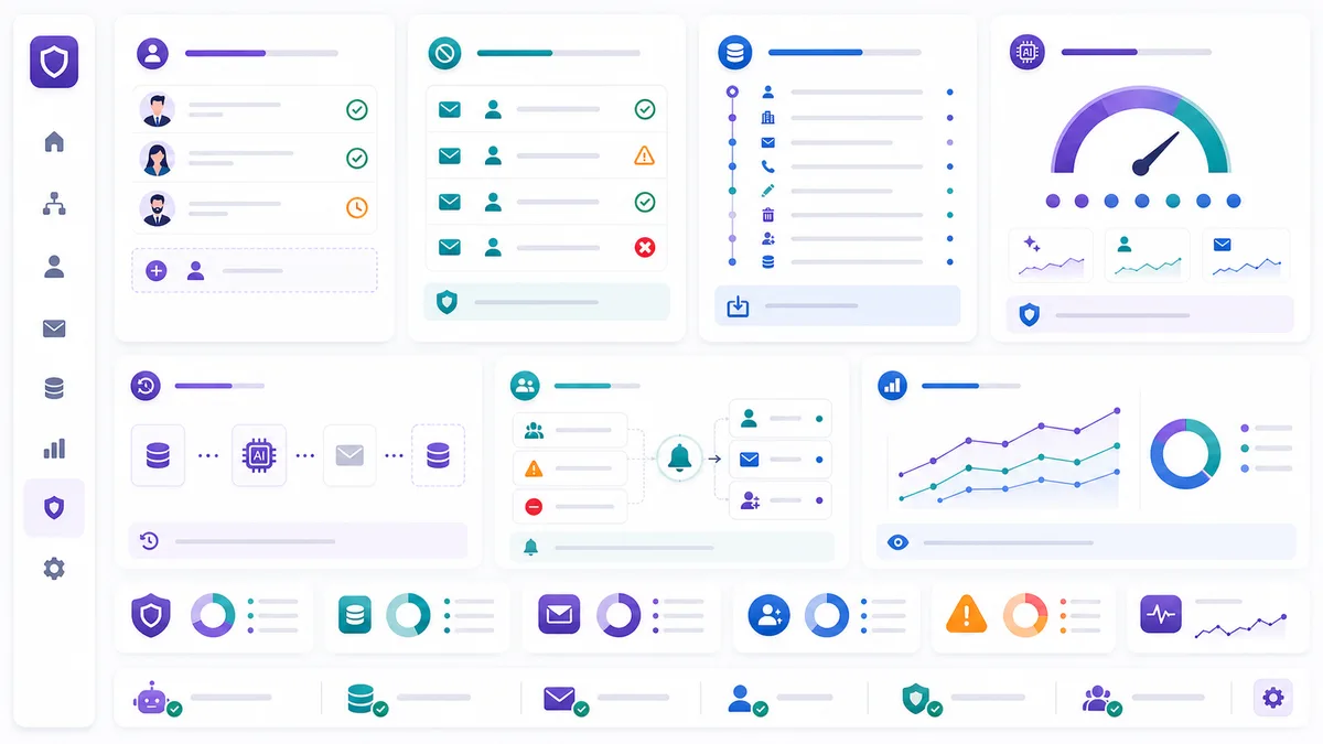 Governance dashboard concept for AI sales process automation with approvals, suppression checks, CRM audit, and escalation rules