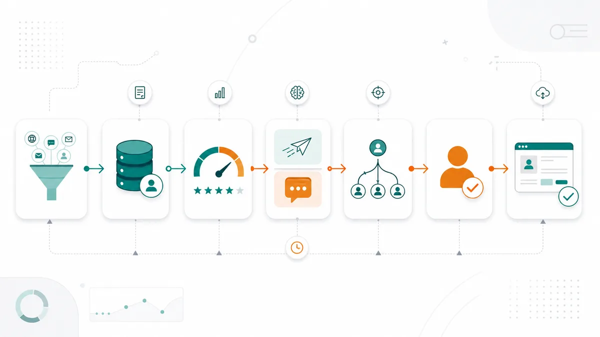 Sales automation workflow showing capture, enrichment, scoring, outreach, routing, and CRM updates