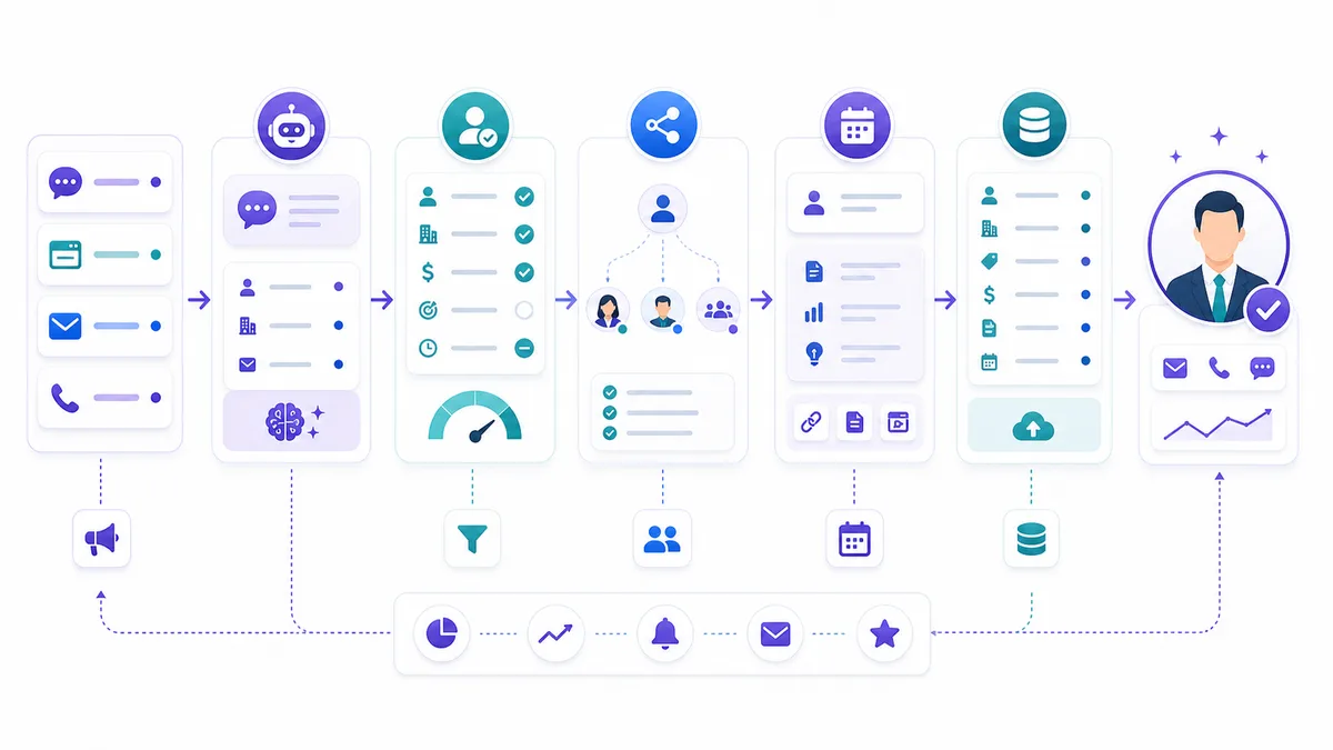 Inbound AI sales workflow from form submission to qualification, routing, meeting prep, and CRM update