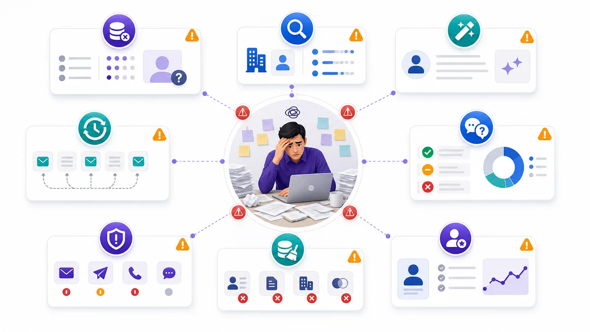Manuel outreach failure mode framework: data quality, research depth, personalization, follow-up memory, reply classification, CRM hygiene, channel risk, manager review