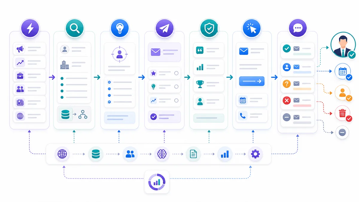 Operasyonel cold email kişiselleştirme akışı: veri, sinyal, problem, mesaj, follow-up ve CRM feedback loop