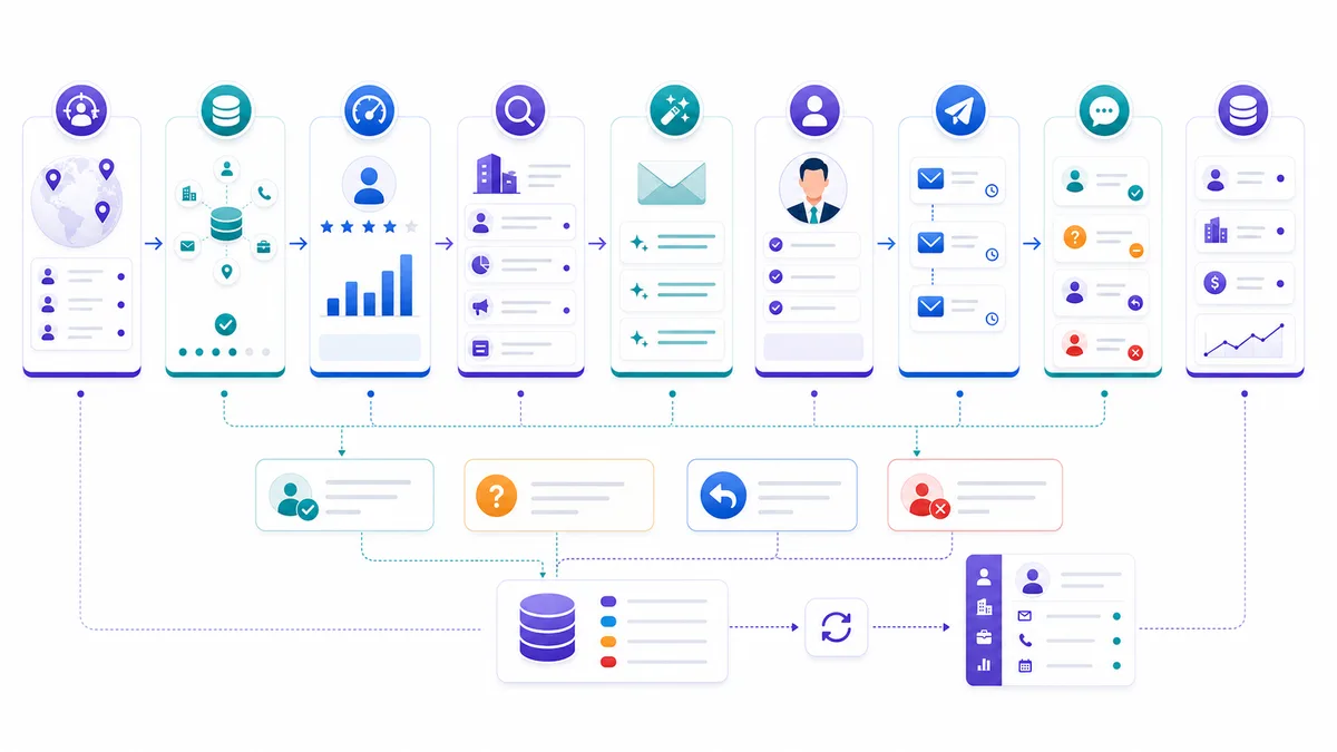 Outbound AI sales workflow showing sourcing, enrichment, scoring, research, sequence drafting, and human review