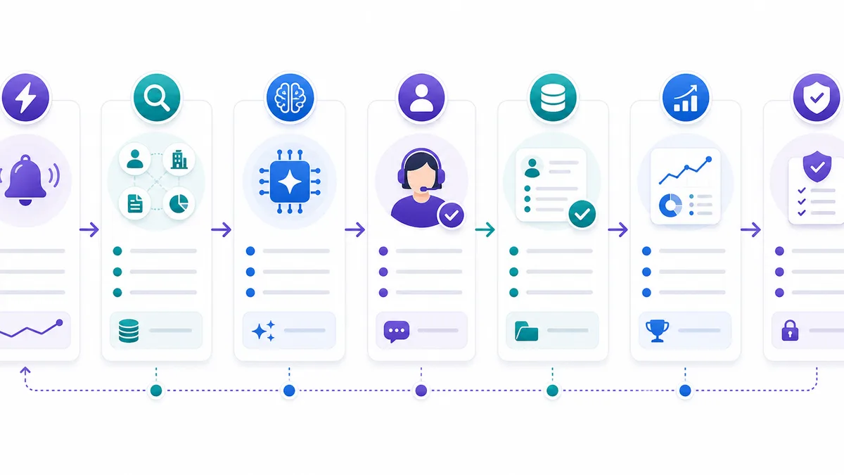 Seven-part AI sales workflow recipe: trigger, context, AI action, handoff, CRM update, metric, guardrail