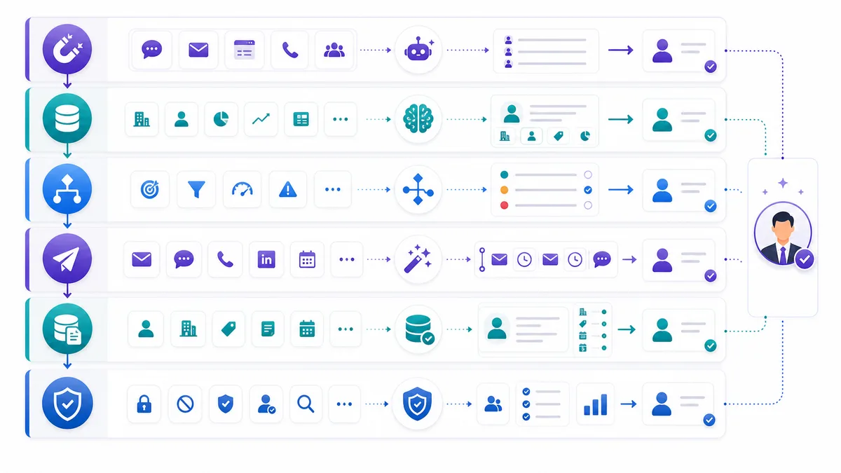 Six-layer AI sales process automation model: capture, context, decision, action, record, control