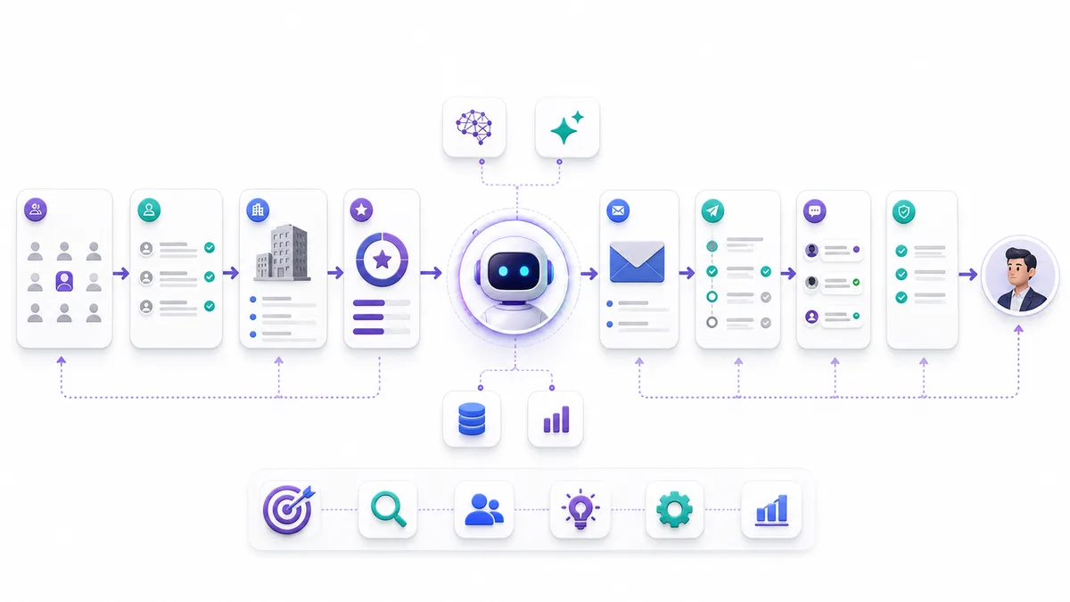 Vera-style outbound AI sales workflow from sourcing to CRM handoff