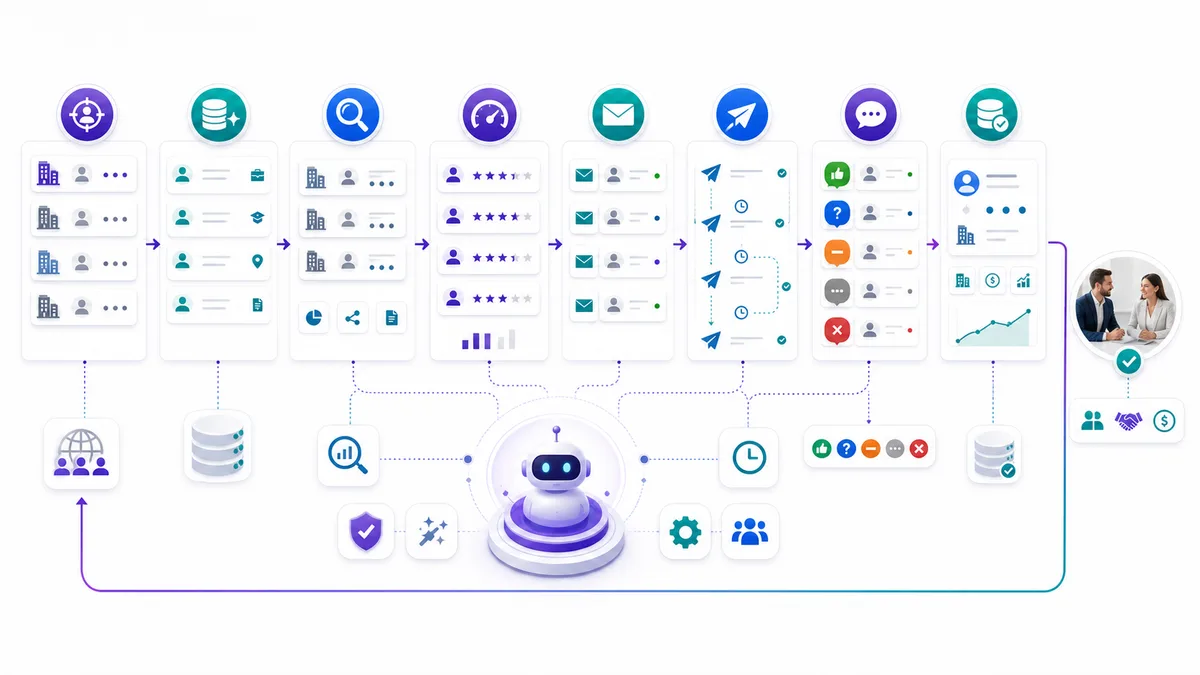 Vera outbound AI sales worker akışı: sourcing, enrichment, research, scoring, outreach, follow-up, reply classification ve CRM update