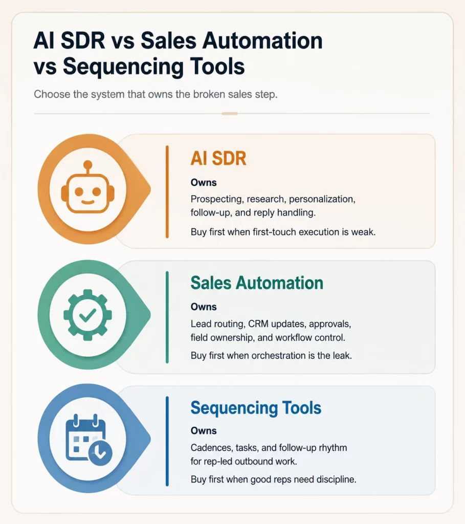 Three-lane comparison showing what AI SDRs, sales automation platforms, and sequencing tools each own in a B2B sales workflow