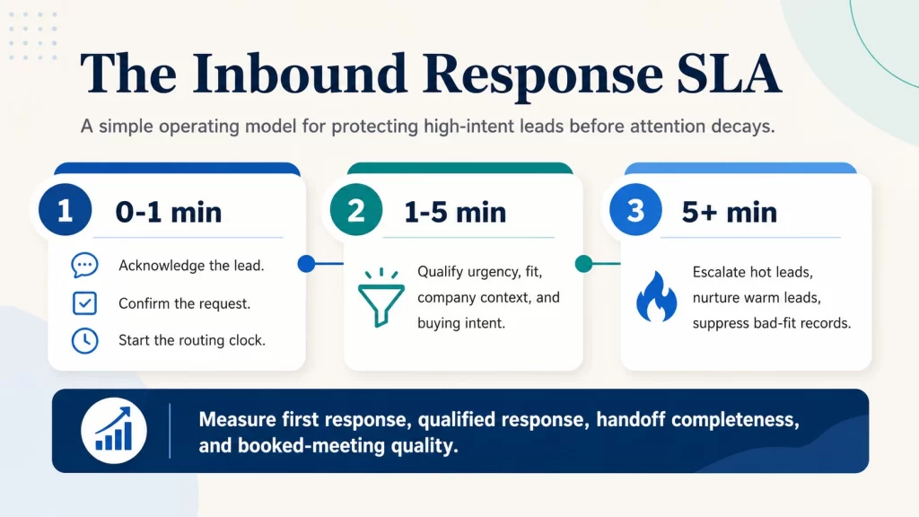 Inbound response SLA workflow with 0-1 minute acknowledgement, 1-5 minute qualification, and 5+ minute routing rules